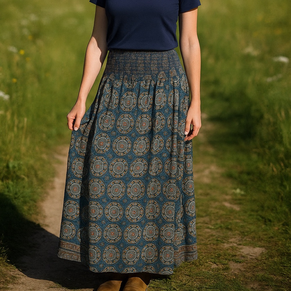 ZURY Silk Blend Midi Geometric Smocked Skirt‎ OS Free Size Boho Gypsy